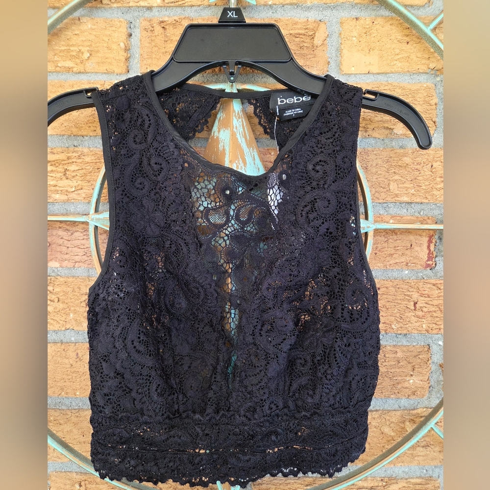 Bebe Sea Tide Black Lace Crop Backless Tank Top Women's Size 2